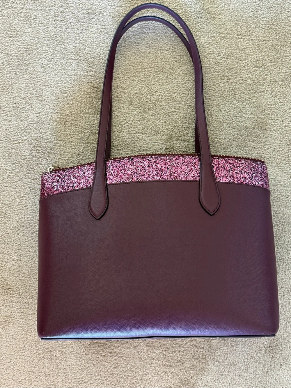 The Kate Spade Flash Glitter Large Leather Satchel Tote in Cherrywood